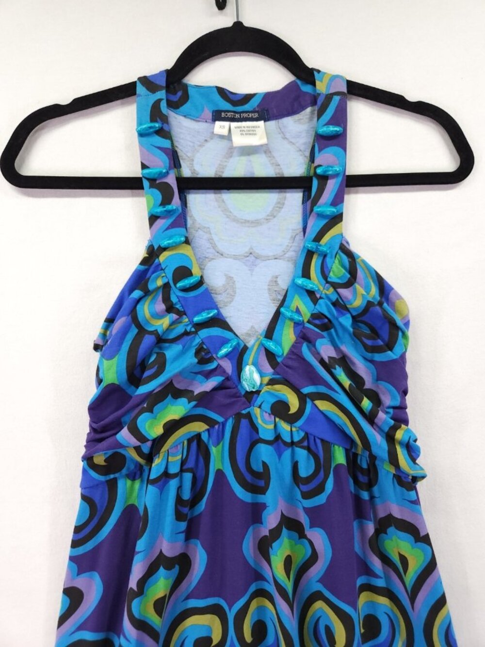 Boston Proper Size XS Blue Paisley Beaded V-Neck Empire Waist Boho Maxi Dress - Picture 8 of 14
